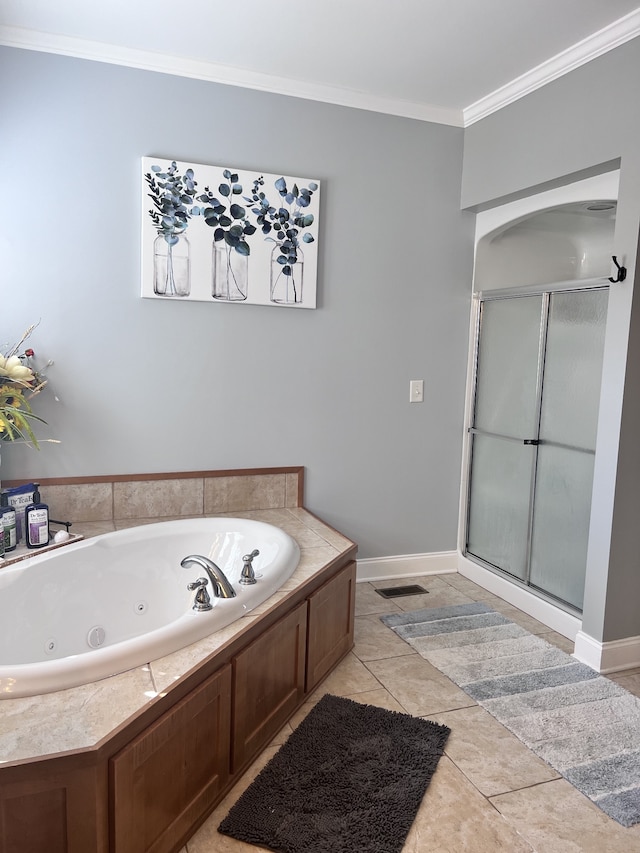 bathroom with tile patterned flooring, shower with separate bathtub, and crown molding