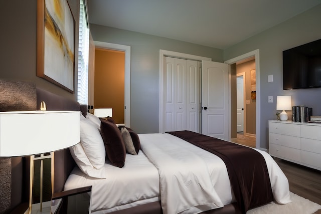 bedroom with hardwood / wood-style floors and a closet