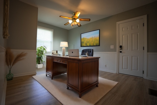 office space with hardwood / wood-style flooring and ceiling fan