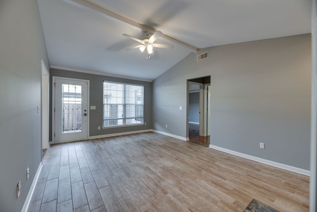 unfurnished room featuring light wood-type flooring, lofted ceiling with beams, and ceiling fan