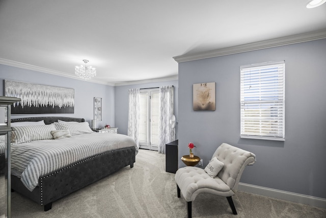 carpeted bedroom featuring ornamental molding