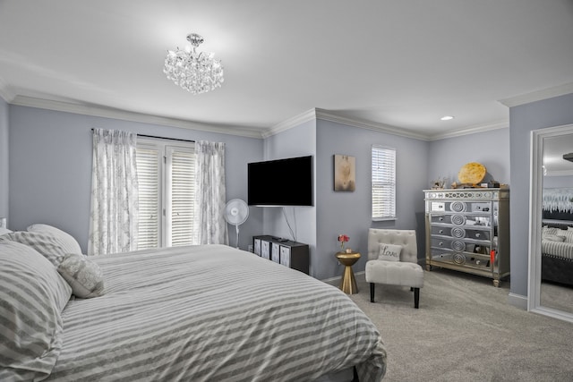 carpeted bedroom featuring multiple windows and ornamental molding