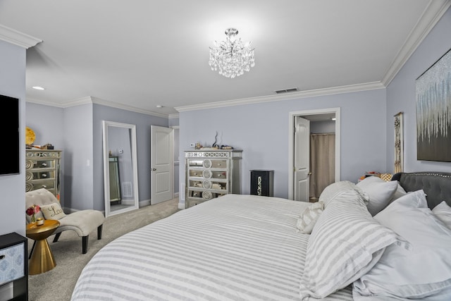 bedroom with a notable chandelier, light colored carpet, and ornamental molding