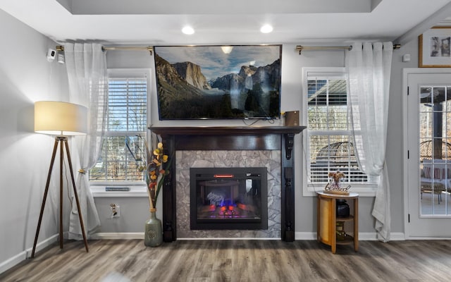 living room with a tiled fireplace and hardwood / wood-style floors