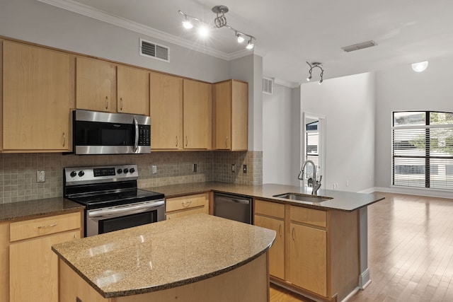 kitchen with appliances with stainless steel finishes, light wood-type flooring, ornamental molding, sink, and a kitchen island