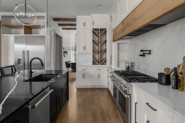 kitchen with high end appliances, dark wood-type flooring, sink, decorative light fixtures, and white cabinetry