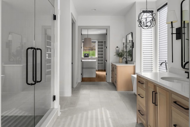 bathroom with a shower with door, vanity, and a healthy amount of sunlight