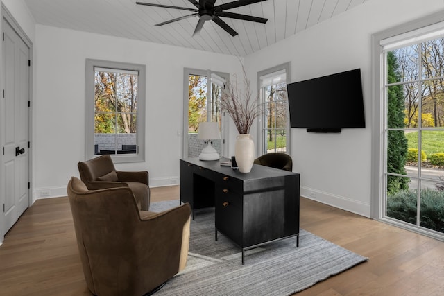 office space featuring wood-type flooring, wood ceiling, a wealth of natural light, and ceiling fan