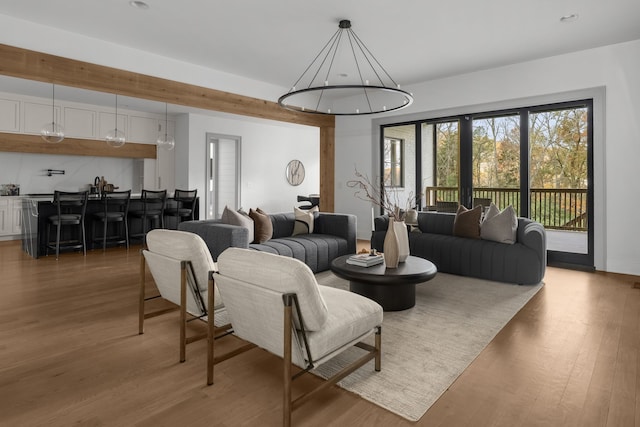 living room with dark hardwood / wood-style floors