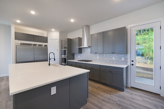 kitchen featuring sink, light hardwood / wood-style flooring, wall chimney exhaust hood, an island with sink, and appliances with stainless steel finishes