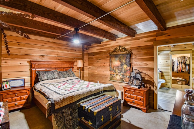 bedroom featuring beamed ceiling, wooden walls, and wood ceiling