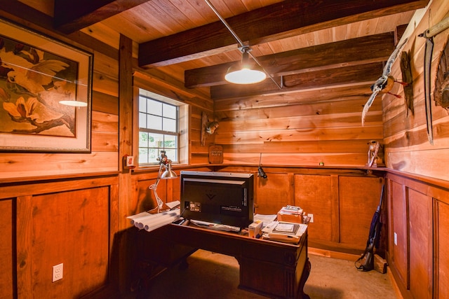 office with light carpet, beam ceiling, wooden ceiling, and wood walls