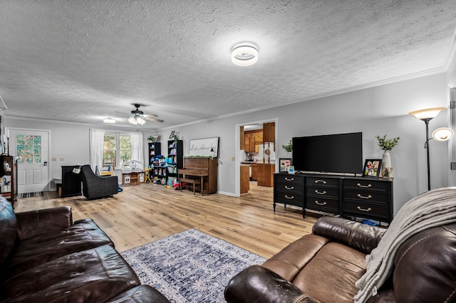 living room featuring ornamental molding, hardwood / wood-style floors, ceiling fan, and a textured ceiling