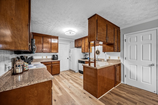 kitchen featuring crown molding, dishwasher, light wood-type flooring, and kitchen peninsula