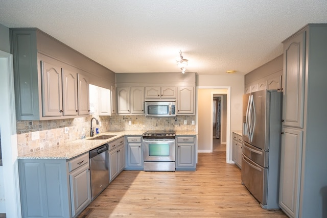 kitchen with appliances with stainless steel finishes, backsplash, a textured ceiling, sink, and light hardwood / wood-style flooring