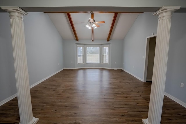 unfurnished living room featuring vaulted ceiling with beams, decorative columns, dark wood-type flooring, a ceiling fan, and baseboards