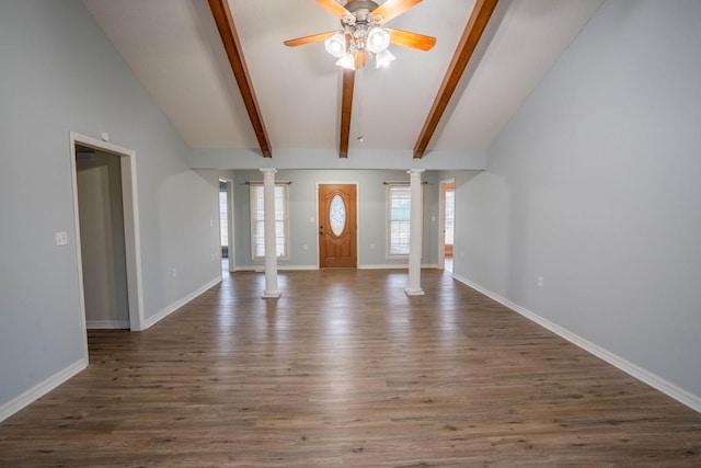 entryway featuring ceiling fan, wood finished floors, decorative columns, and baseboards