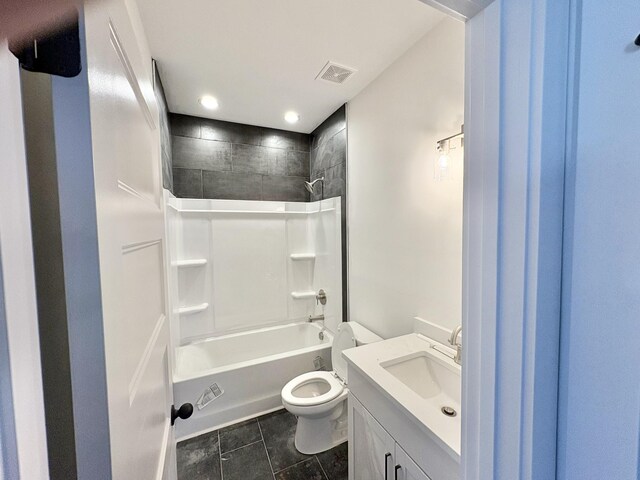 bathroom with visible vents, toilet, shower / bathtub combination, vanity, and recessed lighting