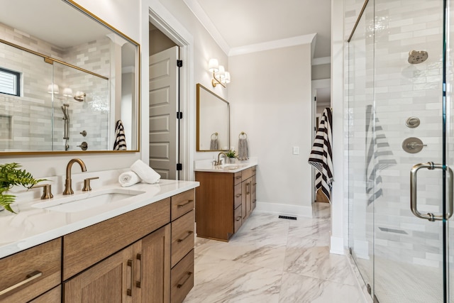 bathroom featuring vanity, an enclosed shower, and ornamental molding