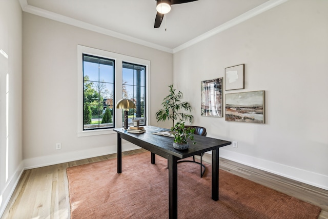 office with ceiling fan, wood-type flooring, and ornamental molding