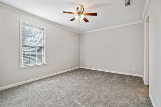 carpeted empty room with ceiling fan and ornamental molding