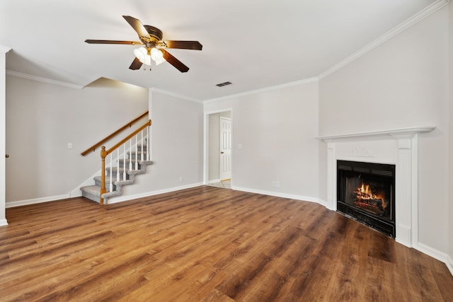 unfurnished living room with crown molding, ceiling fan, and hardwood / wood-style flooring