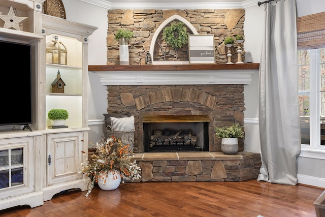 interior details with wood-type flooring, crown molding, and a stone fireplace