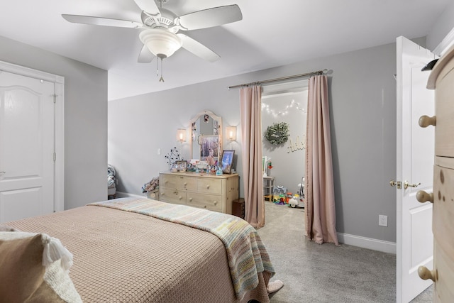 bedroom with light colored carpet and ceiling fan