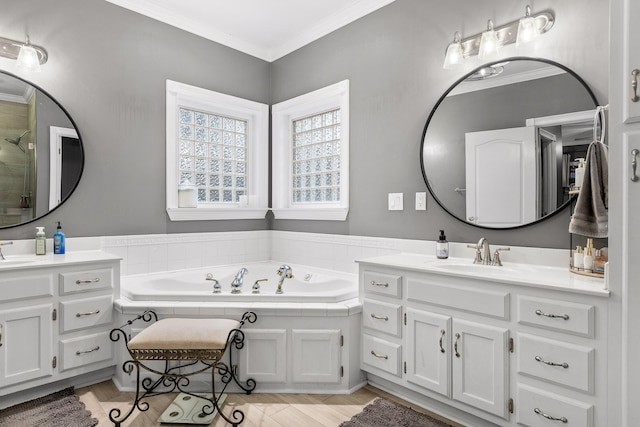 bathroom with a washtub, vanity, and crown molding