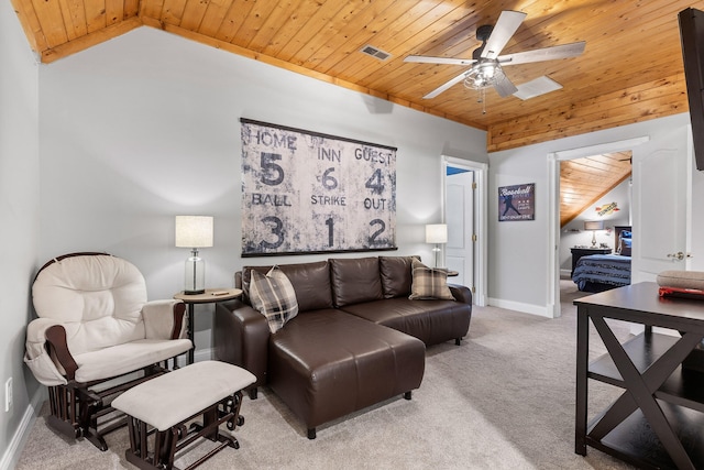 carpeted living room featuring ceiling fan, lofted ceiling, and wood ceiling