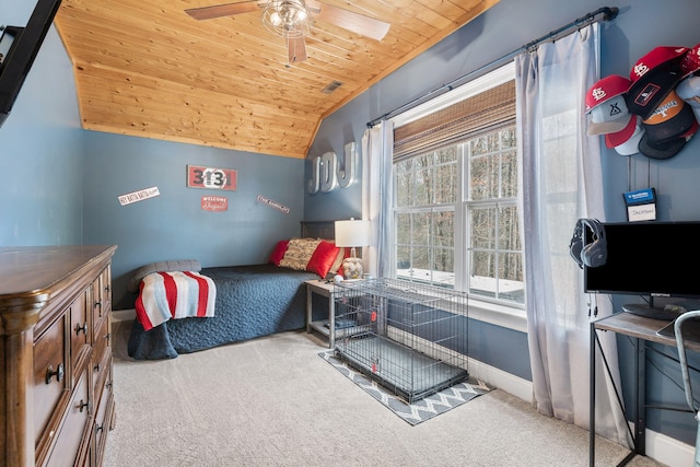 bedroom featuring ceiling fan, wooden ceiling, light colored carpet, and lofted ceiling