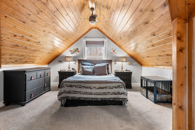 bedroom with carpet flooring, wooden ceiling, and lofted ceiling