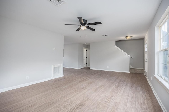 unfurnished living room with ceiling fan and light wood-type flooring