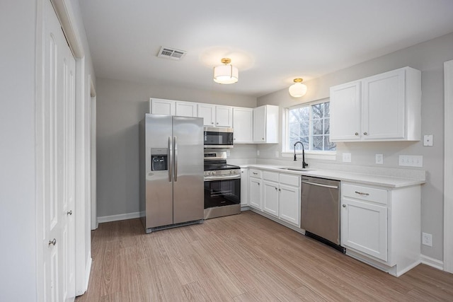 kitchen with sink, white cabinets, stainless steel appliances, and light hardwood / wood-style flooring