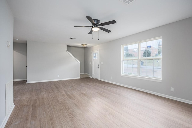 unfurnished living room with ceiling fan and light hardwood / wood-style floors