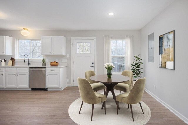 dining room with plenty of natural light, sink, electric panel, and light hardwood / wood-style flooring