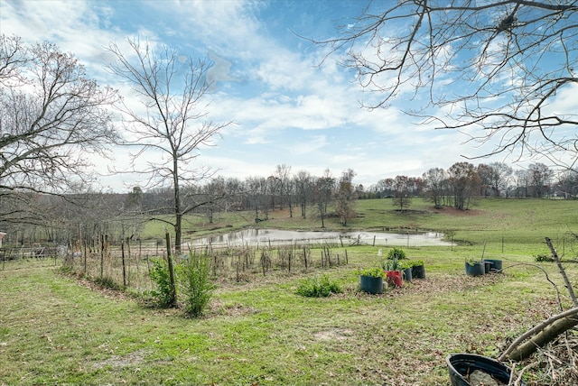 view of yard with a rural view and a water view