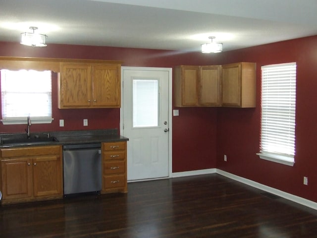 kitchen featuring dishwasher, sink, and dark hardwood / wood-style floors