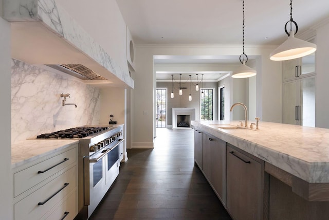 kitchen featuring dark wood finished floors, range with two ovens, ornamental molding, and a sink