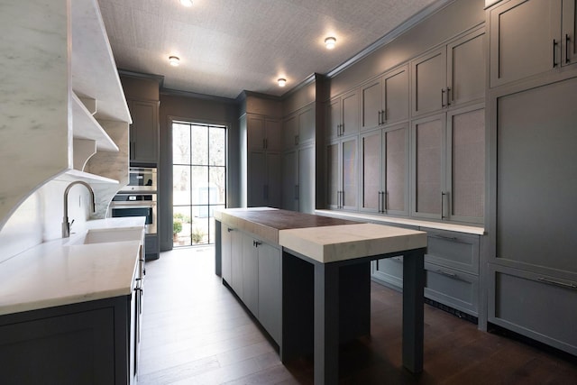 kitchen featuring ornamental molding, dark wood-style flooring, gray cabinets, a decorative wall, and a sink