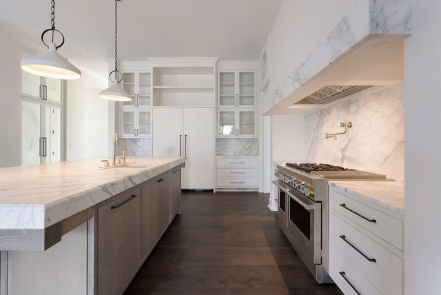 kitchen featuring a sink, glass insert cabinets, high quality appliances, custom exhaust hood, and open shelves