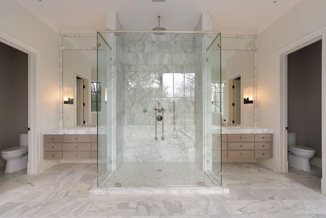 full bathroom featuring a shower stall, toilet, and ornamental molding