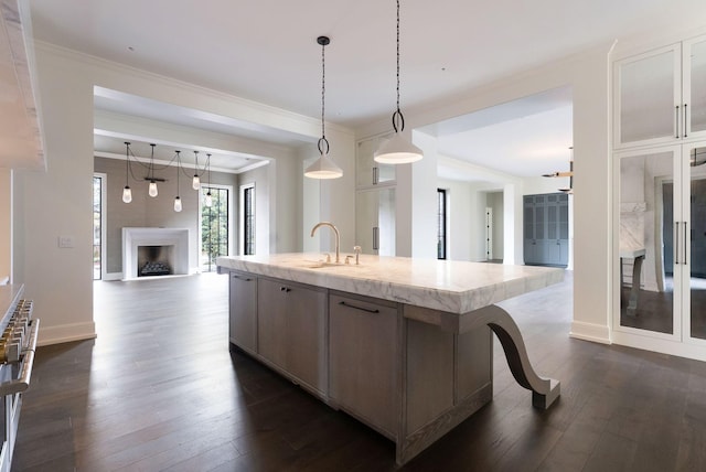 kitchen featuring dark wood finished floors, an island with sink, a fireplace, ornamental molding, and open floor plan