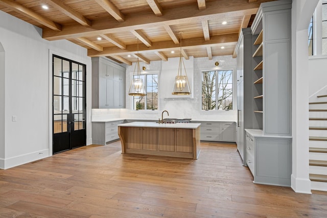 kitchen featuring gray cabinets, wood ceiling, a kitchen island with sink, and light countertops