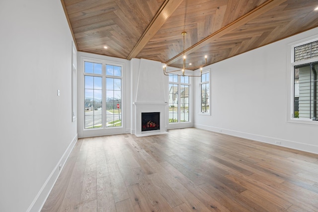 unfurnished living room with a healthy amount of sunlight, a fireplace with flush hearth, wood ceiling, and wood finished floors