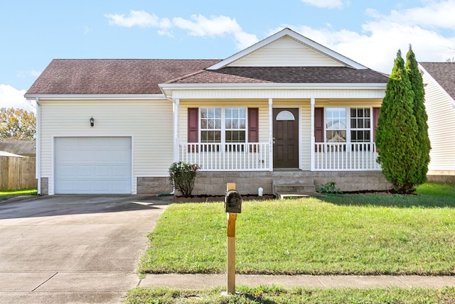 single story home with a garage, covered porch, and a front yard