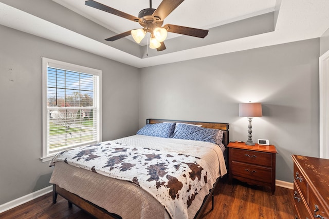 bedroom with dark hardwood / wood-style flooring, a raised ceiling, and ceiling fan