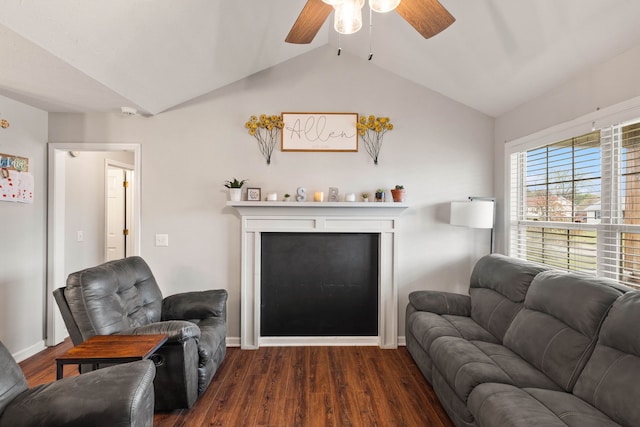 living room with dark hardwood / wood-style flooring, ceiling fan, and lofted ceiling