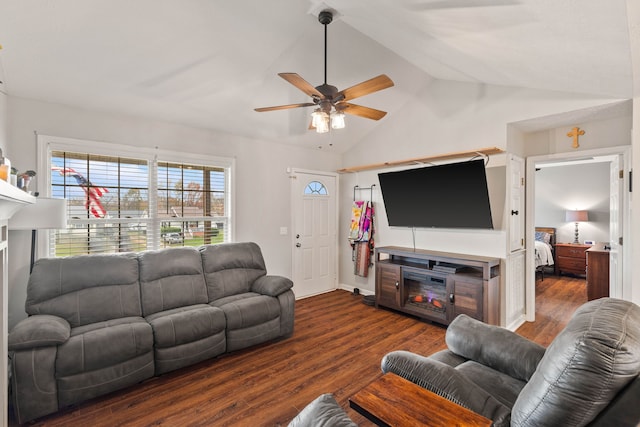 living room with a fireplace, dark hardwood / wood-style floors, ceiling fan, and lofted ceiling