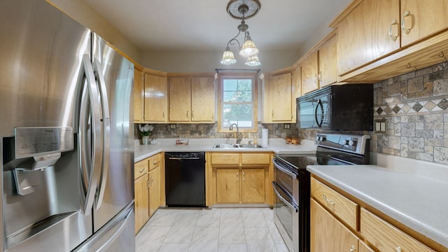 kitchen featuring sink, a notable chandelier, backsplash, decorative light fixtures, and black appliances